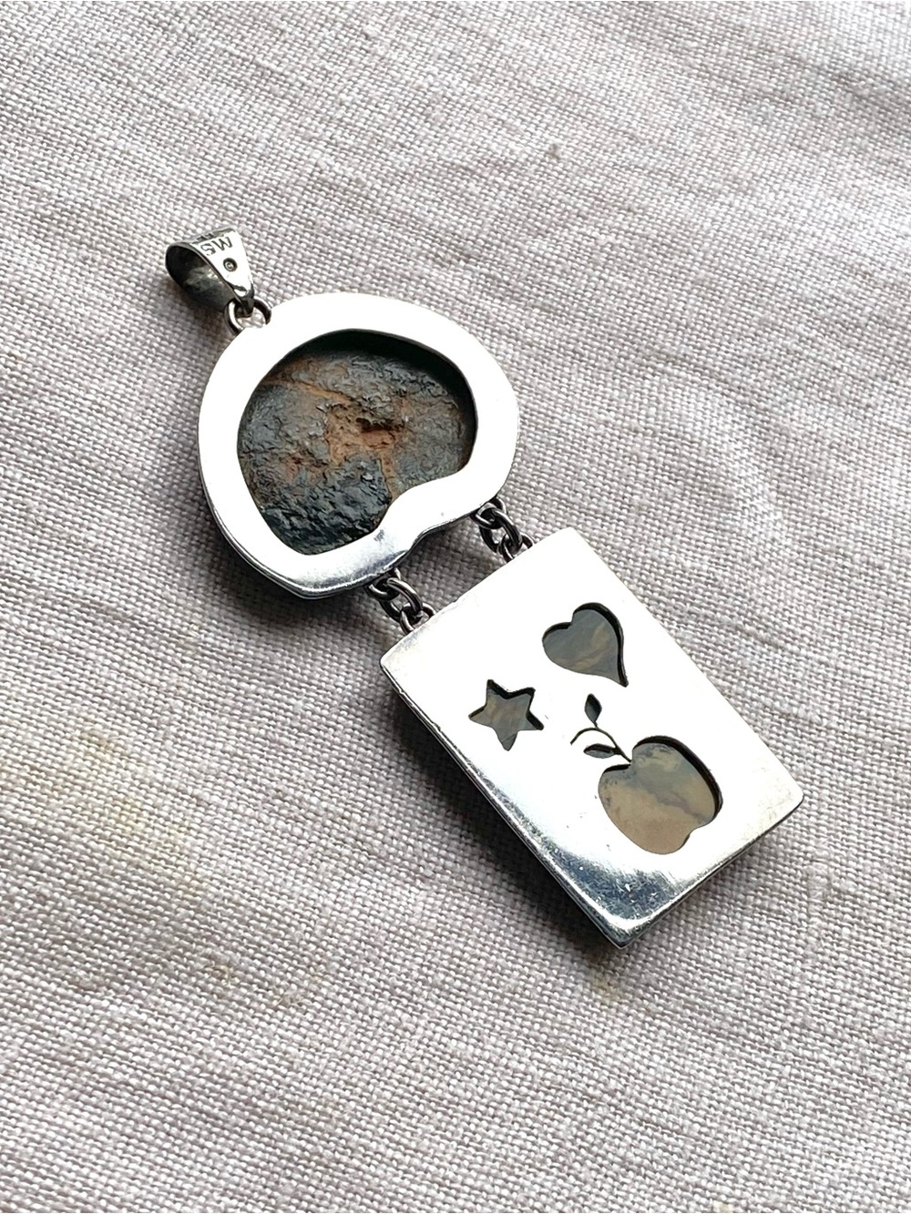 Vintage Mexico Sterling Silver Ammonite Jasper Pendant Brown Yellow Bezel Charm - Picture 6 of 7